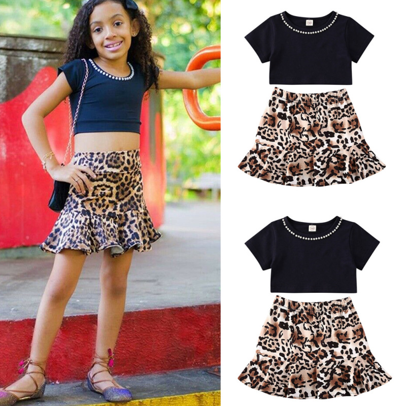 Conyson Wholesale Summer Fashion Short Sleeves Vest with Pearls+Vintage Leopard Printed Skirt 2Pcs Kids Baby Girls Clothing Sets