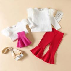 Conyson Baby Girl Clothes Set Tops+ Solid Bell-bottomed Pants Children Outfits Flared Pants Outfits Kids Clothes Girls Set