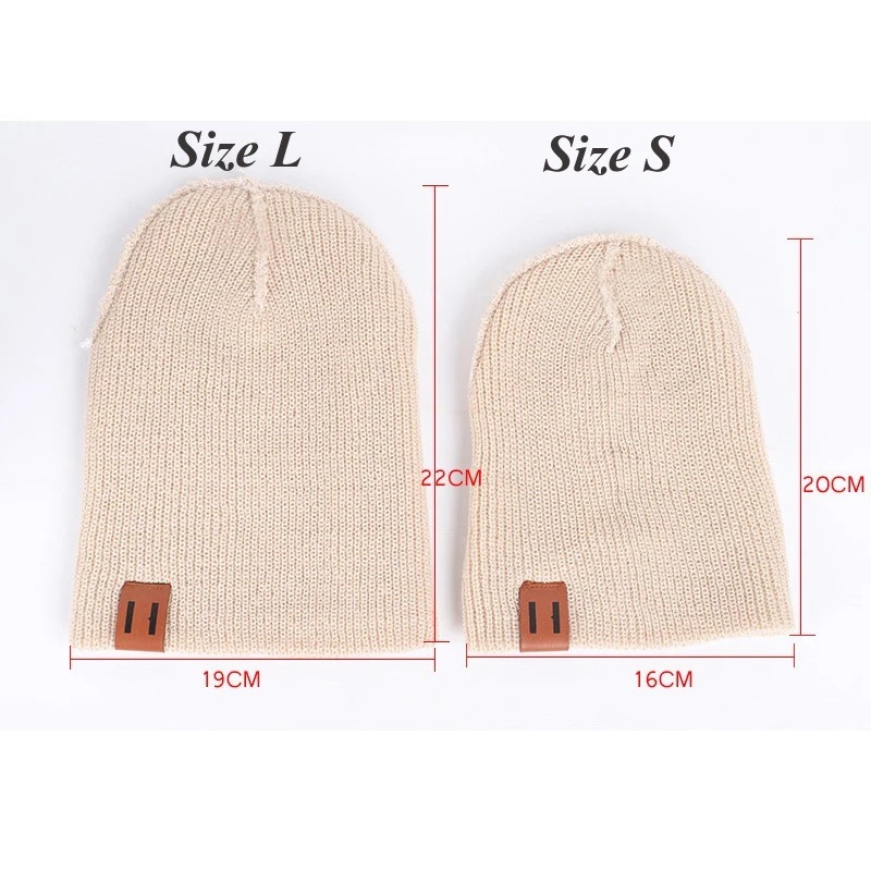 Conyson New Autumn Winter Warm Kids Baby Boys Girls Knit Beanie Adult Children Mommy and Me Hats Newborn with Leather Label