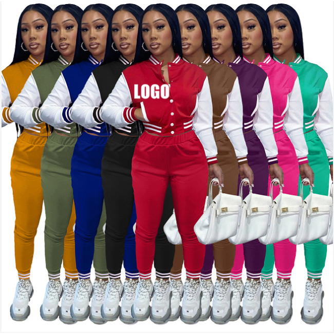 popular style fashion fall winter designer logo Customized women two pieces jacket suit button clothing adult Ribbed clothes set
