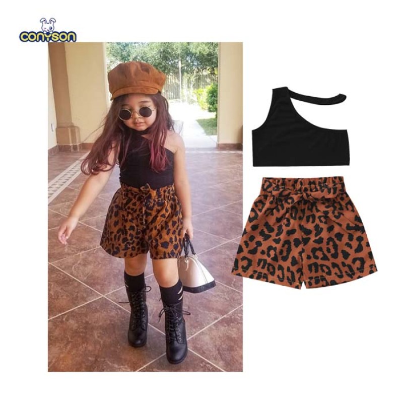Conyson Baby Girls Summer Sleeveless Leisure Suits Ribbed Vest+Leopard Printed Shorts 2pcs One-shoulder Street Fashion Outfits