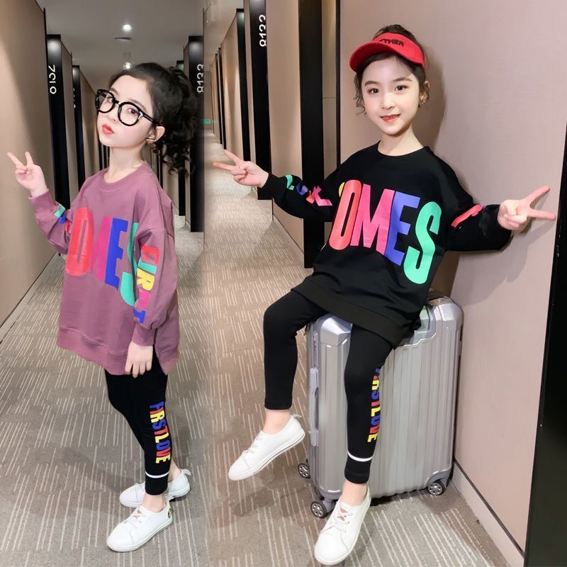 Conyson fashion autumn clothes kids GIrl letters print Outfits Long Sleeve Knitted cotton Sweater casual clothing Two Piece Sets