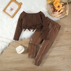 Conyson Wholesale Cotton Stationary New Children long sleeves Crop Top Outfit Square Collar Summer Boutique 2 pieces Girls Set