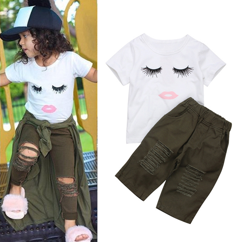 Wholesale 2021 Summer casual short sleeve white print cartoon tops medium pants Kids Clothes suits Children girls Clothing Set