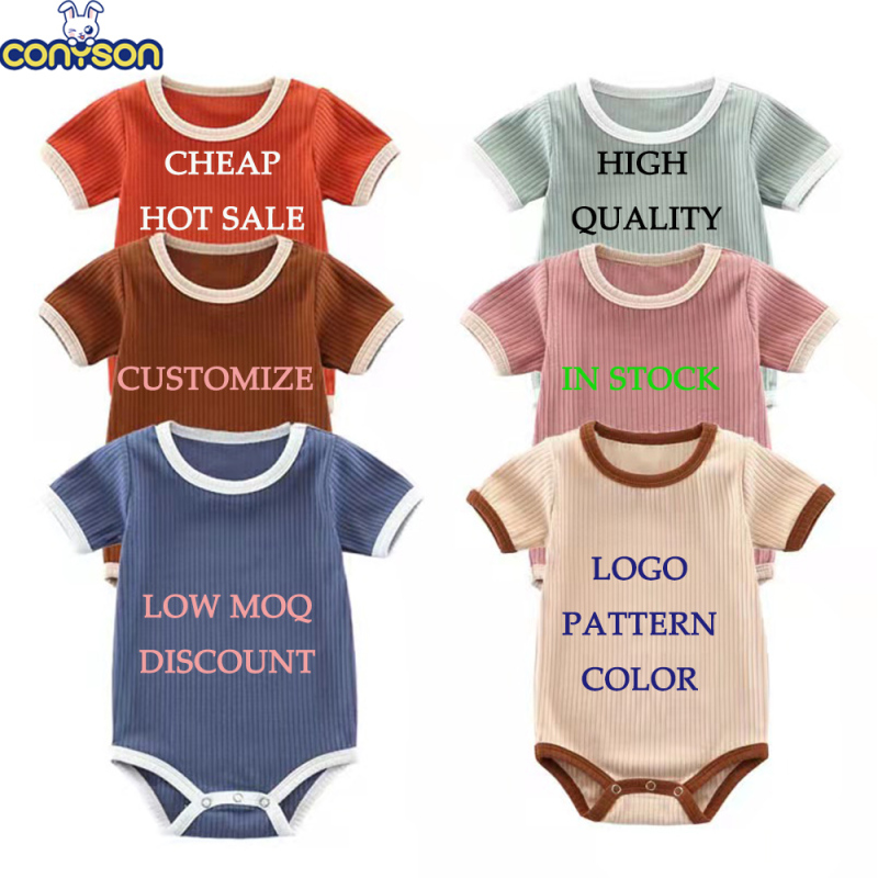 Conyson Custom Summer Hot Sale Wholesale Knitted Stripes Short Sleeve Kids Baby Clothes Ribbed Jumpsuit Unisex Boys Rompers