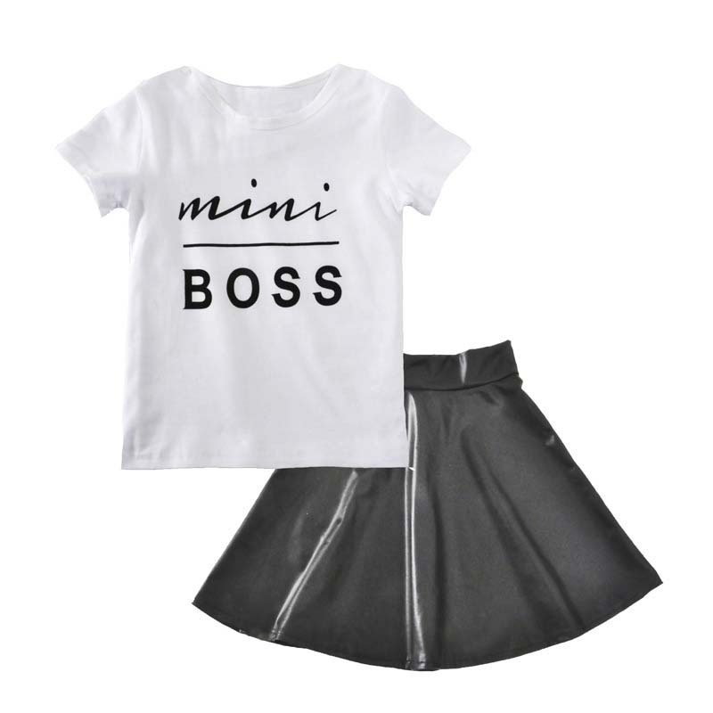 Conyson Wholesale Short Sleeve Pu Leather print logo Skirt Korean Child Girls Summer 2Pcs Clothes Clothing Set