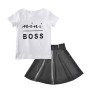 Conyson Wholesale Short Sleeve Pu Leather print logo Skirt Korean Child Girls Summer 2Pcs Clothes Clothing Set