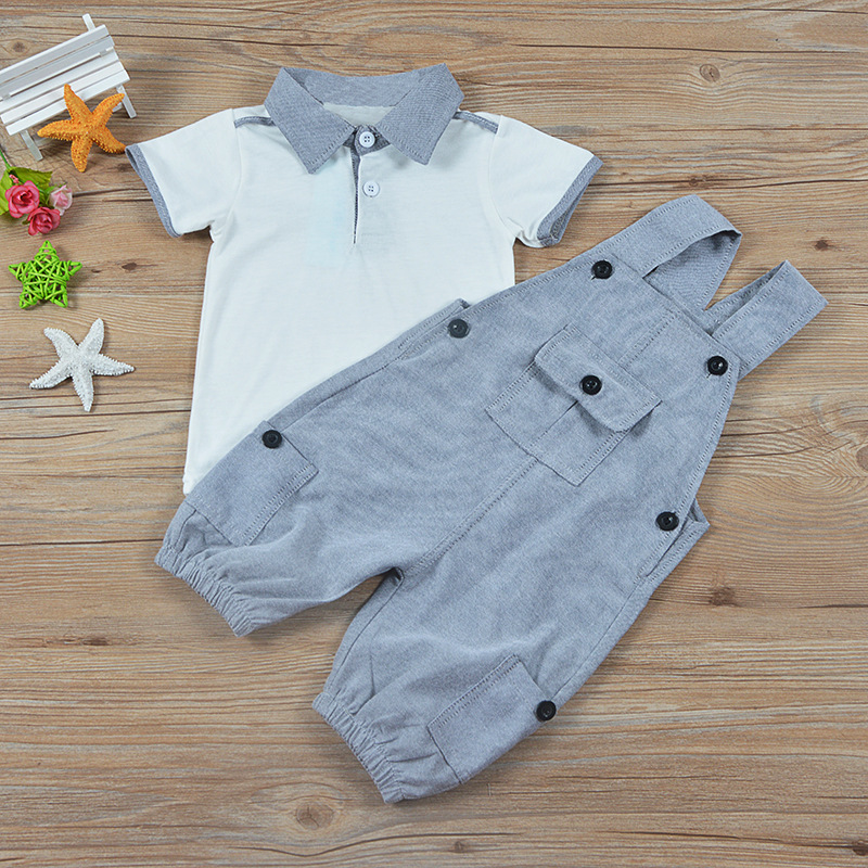 Conyson Wholesale Kids Baby Clothes Summer Causal Outfit Boys Gentlemen Stand Collar Short Sleeves Shirts+Suspender Clothing Set