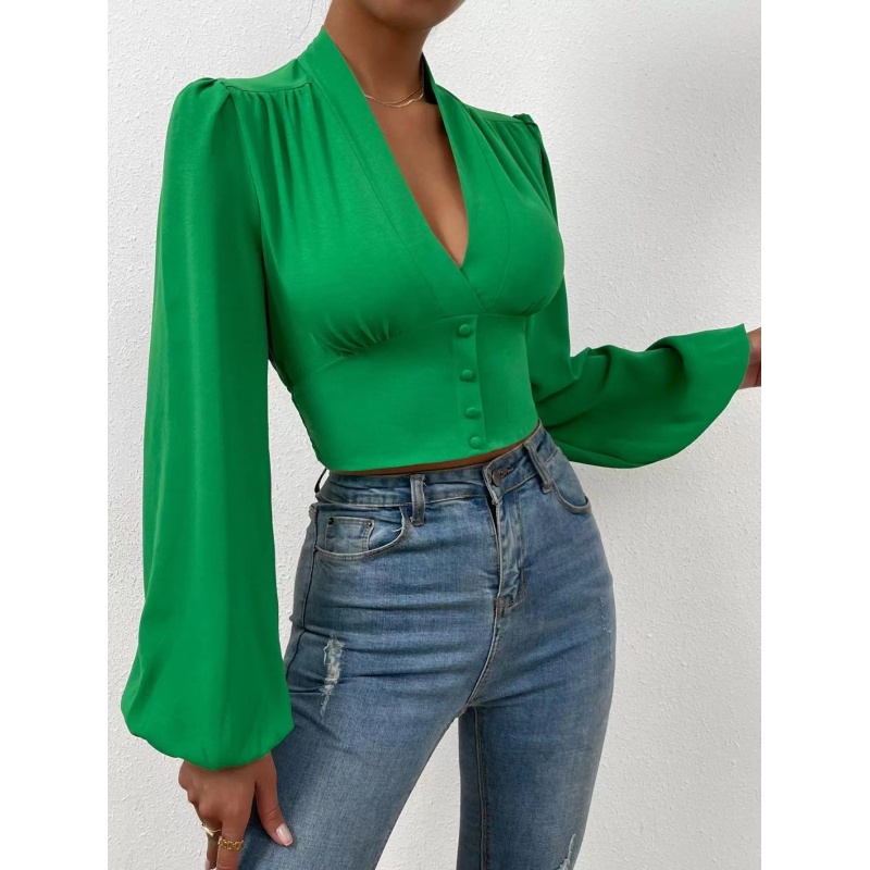 Conyson New Design Fall Spring Blouses ladies Urban Elegant Womens Puff Sleeve Blouses Ladys V Neck Tight Casual Tops Blouses
