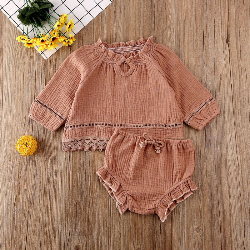 Conyson Newborn Infant Baby Girl Clothes Set Solid Long Sleeve Loose Lace Tops T-shirt Ruffle Shorts Pants Clothes Tracksuit Set