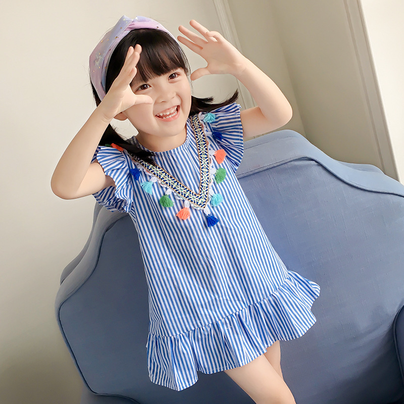 wholesale 2021 Summer Popular striped Round neck Ruffle Fly Sleeve parent-child clothes baby Girls Tassel Dress