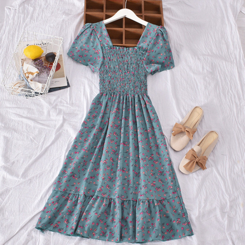 Floral Print Elastic Midi Skirt Square Collar Ruffles Short Sleeve One Piece Dress Women Elegant Casual Dresses