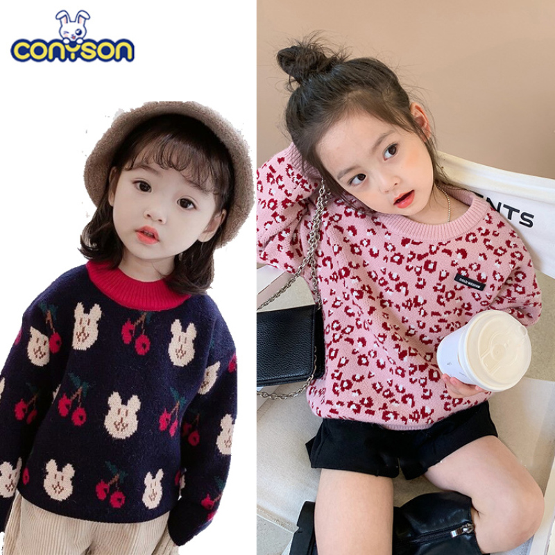 Conyson Hot Sale Kids Clothes New Design Floral Pattern Long Sleeve Casual Loose Knitted Fall Crew Neck Sweater for Baby Girls