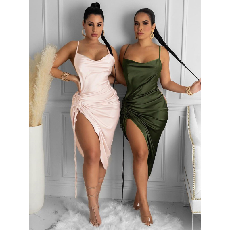 Conyson Hot Sale Fashion Summer Dress Drawstring Spaghetti Straps Backless Long Lady Sexy Dresses for Women Party Sexy Solid