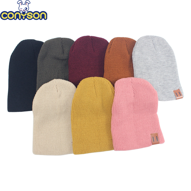 Conyson New Autumn Winter Warm Kids Baby Boys Girls Knit Beanie Adult Children Mommy and Me Hats Newborn with Leather Label