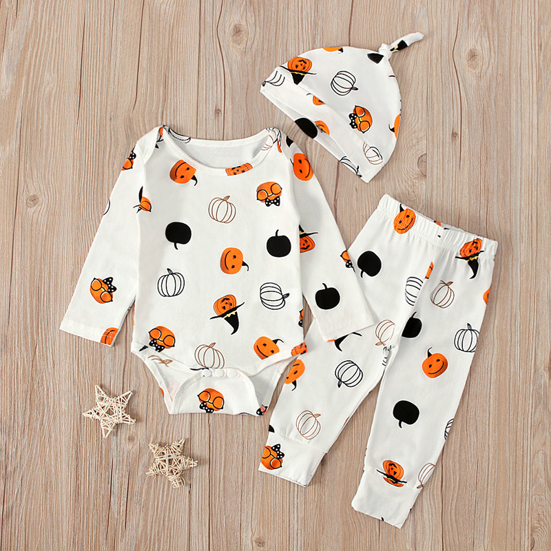 Toddler Romper Boy Girl Baby Halloween Clothes Print Ghost Pumpkin Newborn Long Sleeve Playsuit Pants With Headband Suits