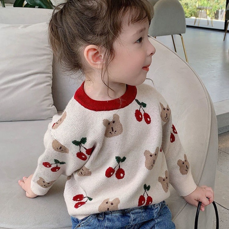 Conyson Hot Sale Kids Clothes New Design Floral Pattern Long Sleeve Casual Loose Knitted Fall Crew Neck Sweater for Baby Girls