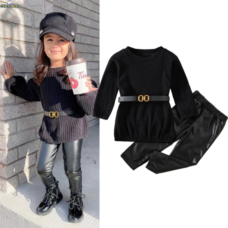 Conyson Hot Sale rts fashion sweater fall kids girls designers kid clothes belt PU leather pant winter clothing wholesale Set