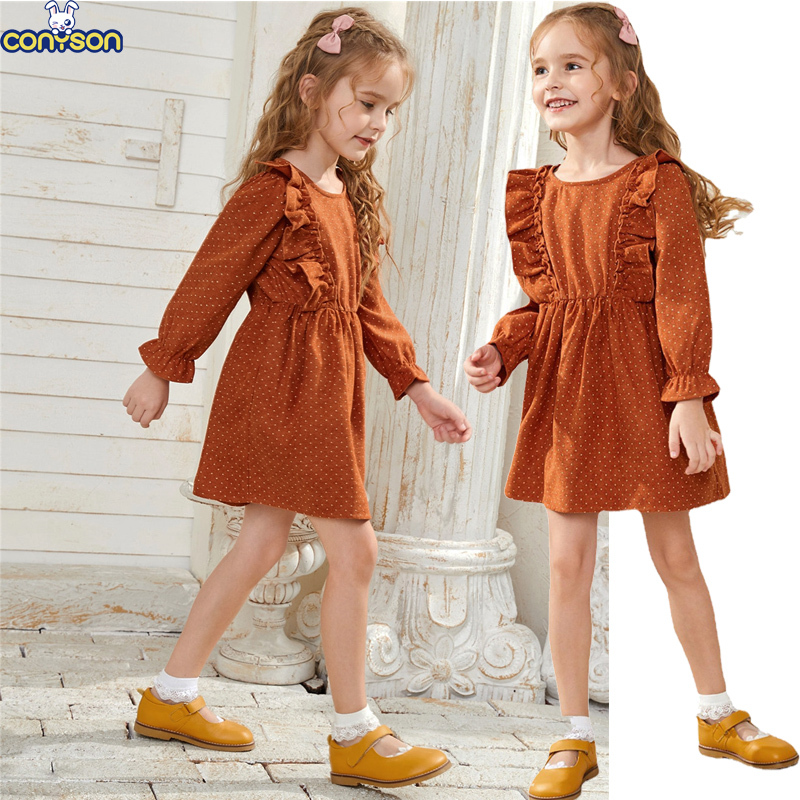 Conyson Wholesale New Kids Clothes Casual Minimalist Style Solid Linen Lace Summer Girls Clothing Ruffles Dot Little Girls Dress