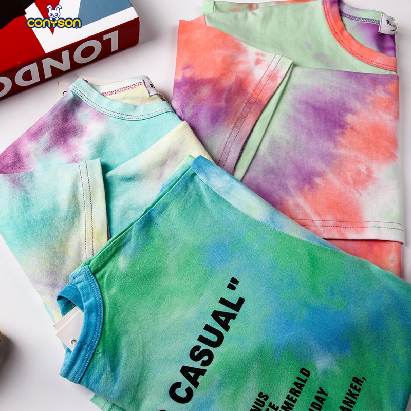 kids custom shirts children short sleeve tie dye gradual change letters boys baby cotton T-shirt summer fashion