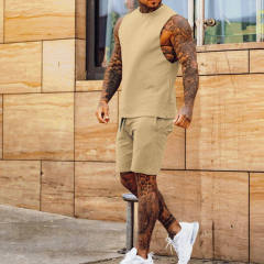 Conyson wholesale summer full set cotton clothes sport wear top and short beach jogger 2 pieces tracksuit men sets