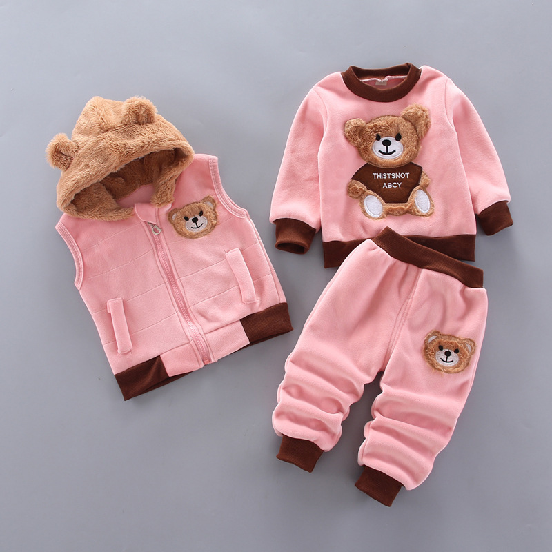 Conyson Autumn Winter Baby Boys Clothes Sets Thick Fleece Cartoon Bear Jacket Vest Pants 3Pcs Cotton Sport Suit For Girls Warm