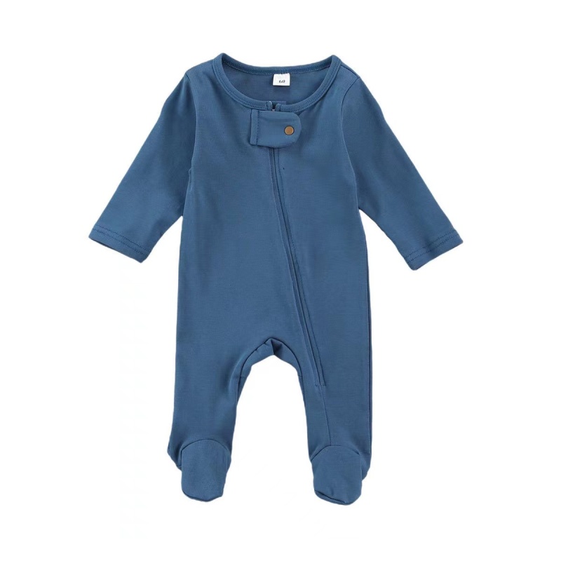 Conyson Wholesale Spring Newborn Clothes Solid Long Sleeve Infant Clothing With Foot Crew Neck Soft Cotton Baby Girls Zip Romper
