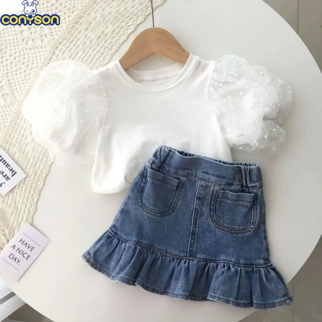Conyson New Arrivals Summer Fashion Children Baby Designer Tshirt With Pleated Fishtail Denim Skirt Girls Kids Two Piece Sets