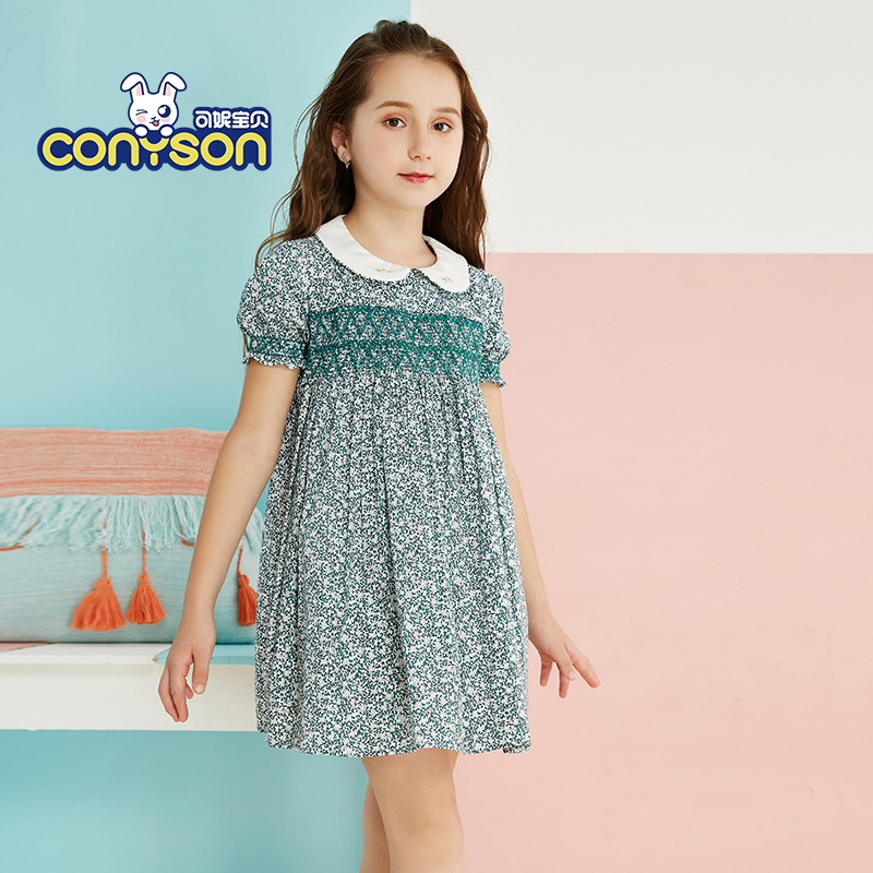 Fashion A-Line Floral Petal Sleeve Turn-Down Collar Wholesale Cotton Smocking Summer Girl Dress
