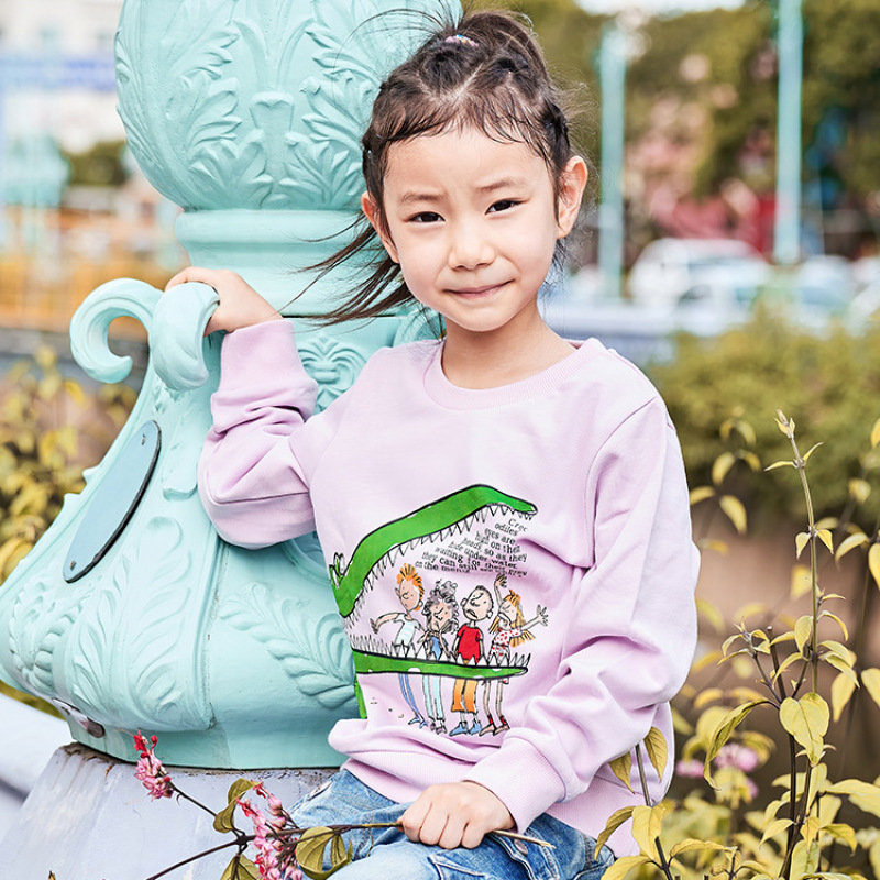 Fashion 2-7 Years Custom Mellowing cartoon Print O- Neck Pink Pullover Sweatshirt For Kids Girls t-shirt