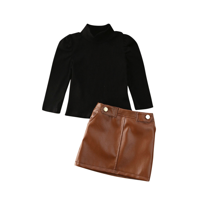 Girls Fashion Clothes 2 Pieces Suit Sweater Tops Hot Sale Kids Solid Color Long-sleeved Top Leather Skirt Girl Clothing Sets