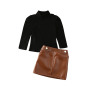 Girls Fashion Clothes 2 Pieces Suit Sweater Tops Hot Sale Kids Solid Color Long-sleeved Top Leather Skirt Girl Clothing Sets
