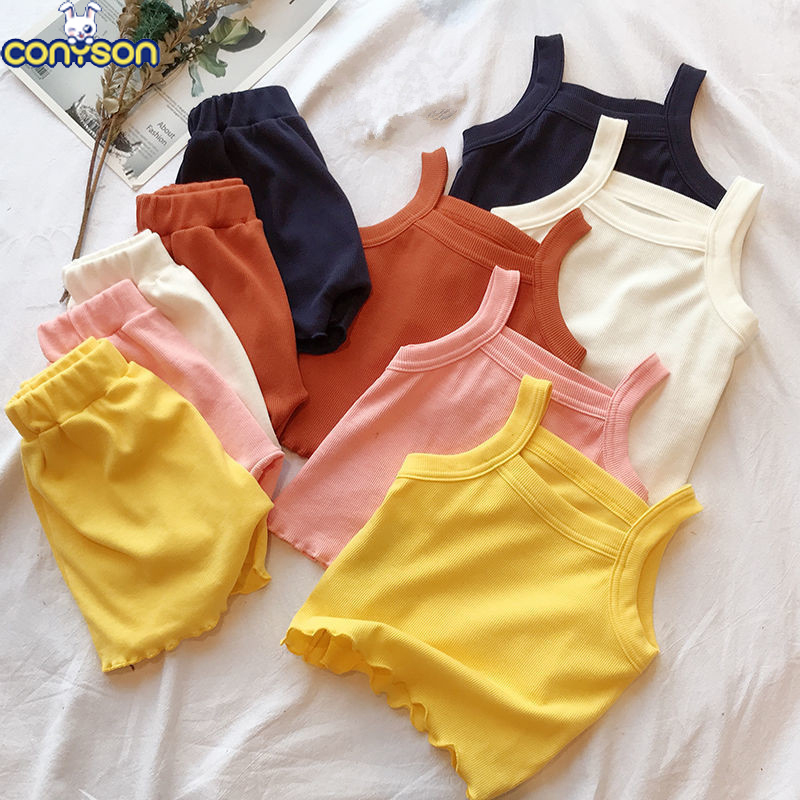Conyson hot sale Sleeveless Vest pants Kids Girls 2pcs Summer Boutique Kids Clothing Set Cotton pants Set Baby Girl Clothes set