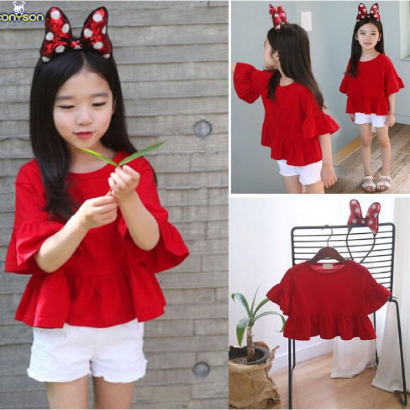 Conyson boutique custom logo made Korean teen kids Fashion pure color fold wide sleeve wear Girl clothing one piece girl T-shirt