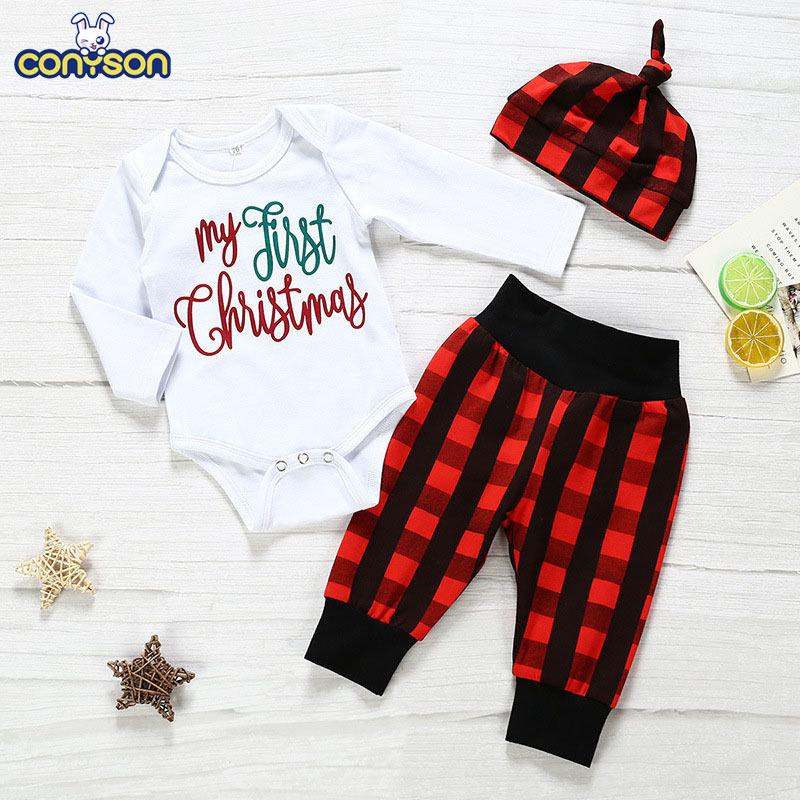 Conyson Baby Christmas Winter Organic Cotton Long Sleeve 3Pcs unisex Romper Jumpsuit Newborn Baby Girls Clothing Set For Toddler