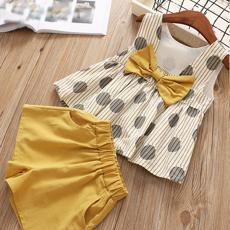 Baby Girl Summer Clothes Polka Dot Printed Sleeveless Tops Big Bow Pure Color Shorts Girls Outfits Girls Bow Knot Two Piece Set