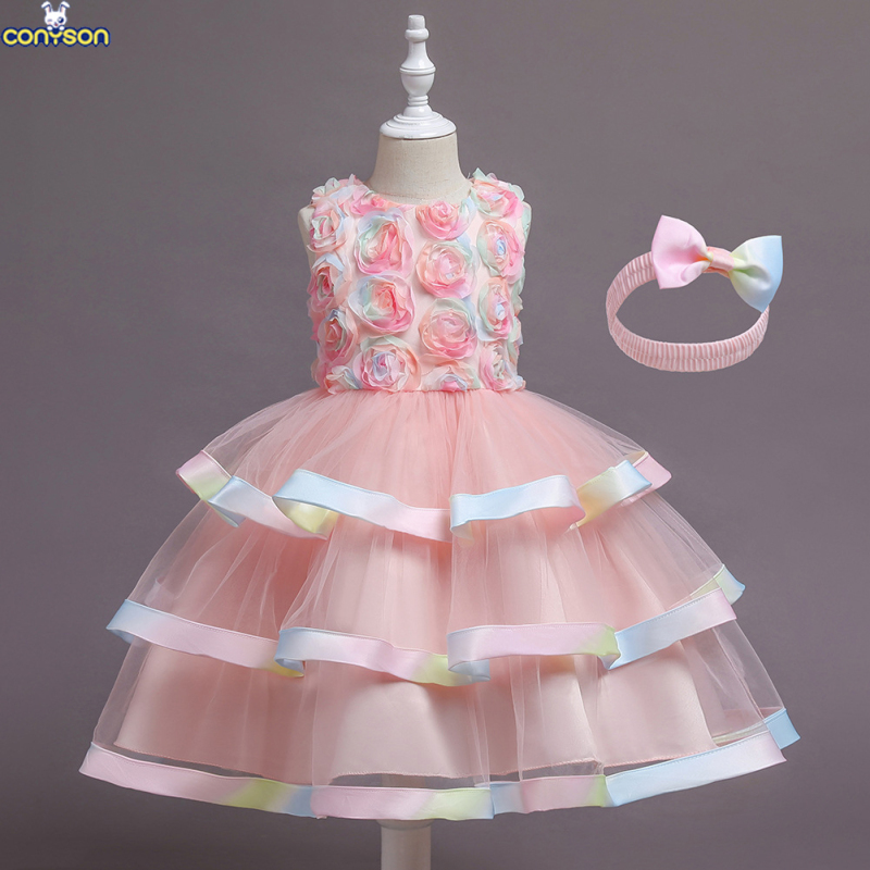 Conyson high quality ins boutique summer sleeveless floral Baby Birthday tie-dye polyester Kid Girl elegant Princess Party Dress