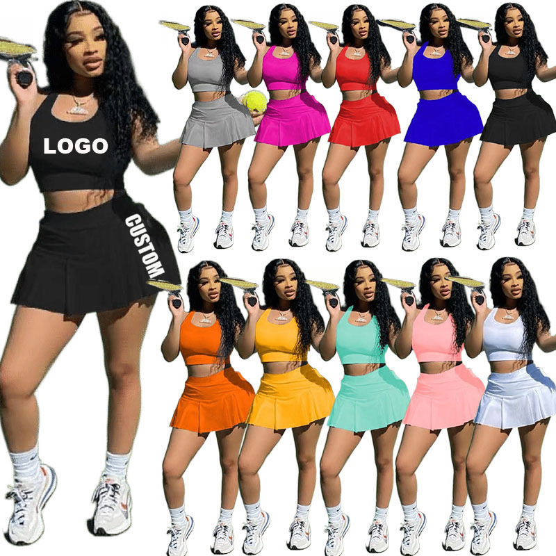 high quality summer Customized logo two Casual ladies t-shirt skirt suit clothing sport clothes tennis set women