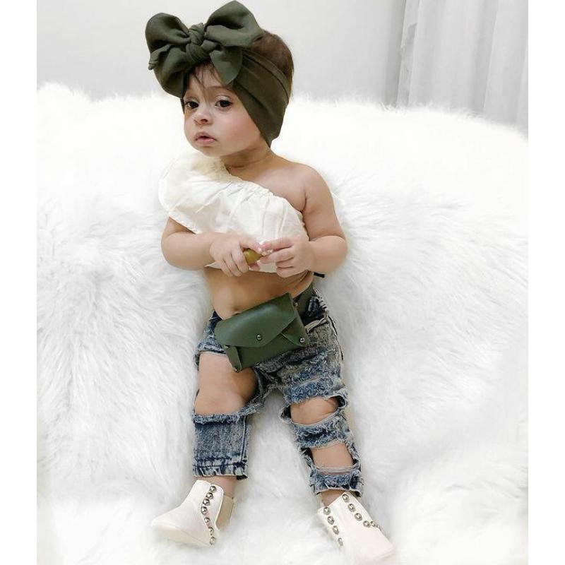 Conyson 2Pcs Casual Suit Solid Sleeveless Outfit One Shoulder Tank Tops+Hole Denim Pants Jeans Litter Girls Clothing Sets
