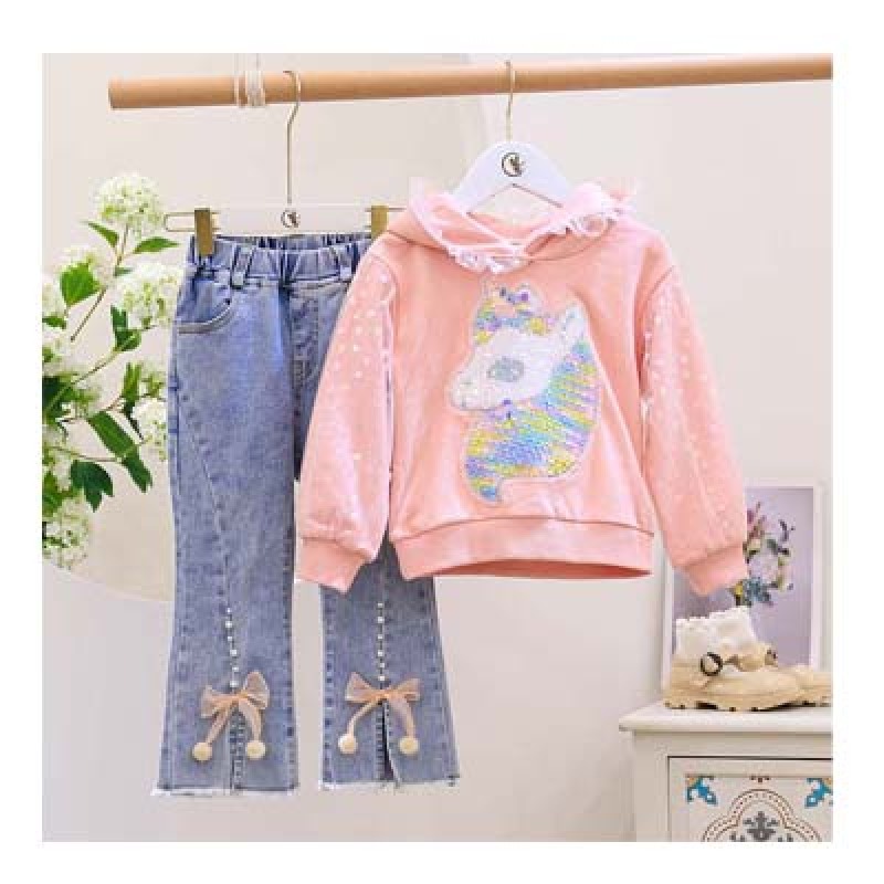 Conyson Custom Two Piece Outfits Top + Pearl Bead Denim Pants Cute Baby Girl Clothes Kids Casual Wear Girls Clothing Sets
