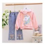 Conyson Custom Two Piece Outfits Top + Pearl Bead Denim Pants Cute Baby Girl Clothes Kids Casual Wear Girls Clothing Sets
