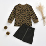 Conyson Spring Leopard Pullover PU Skirt Suits Set Long Sleeve Top Zipper Dresses Toddler Baby Girls Outfis 2 Pieces Sets