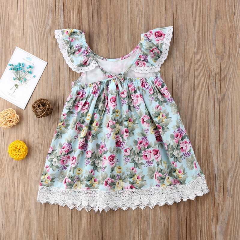 Conyson Hot Sale Ruffle Vintage Floral Print Summer Kids Clothes Baby Girls Party Casual Beach Holiday Outfit Fly-sleeve Dress