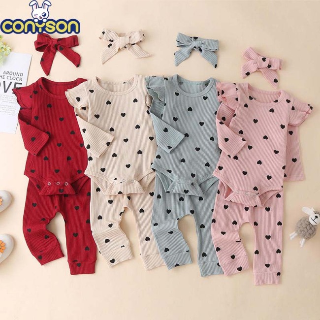 Conyson Wholesale New Kids Clothing Spring Baby Girl 3 pcs Vintage with buttons Outfit Long Sleeves Heart Print Baby rompers