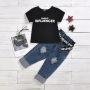 Summer Black Cotton Printed Letter T-shirt Button Hole Denim Trouser Belt Outfit Girls 2pcs Set