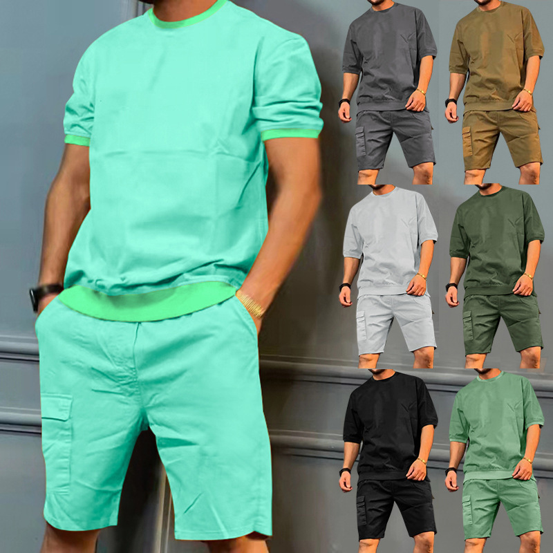 Custom Logo Men Set Sports Suit Casual Training Wear Gym Outfits 2 Piece Tracksuit Solid Short Sleeve T Shirts Shorts Outfits