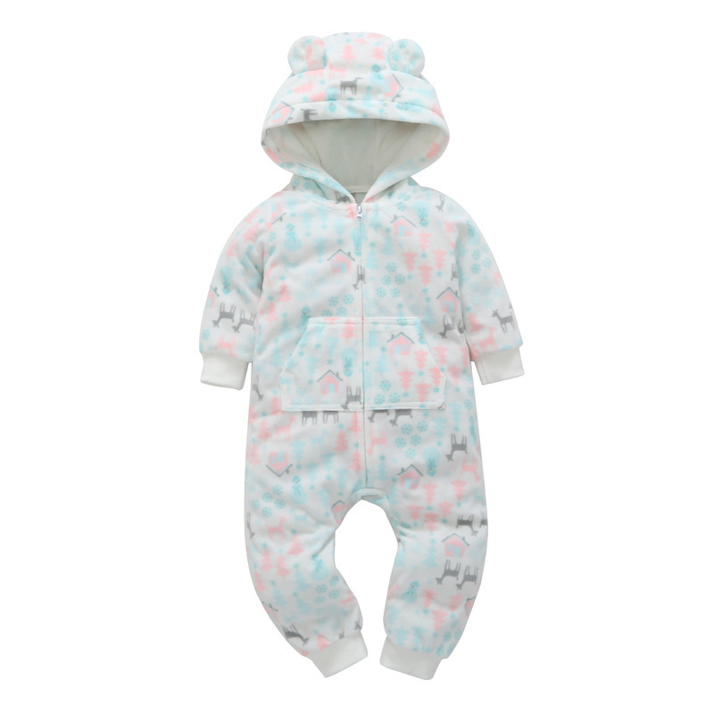 New Style Winter Warm Baby Clothes Long Sleeve Flannel Bodysuit Animals Pattern Hooded Romper