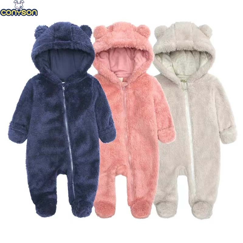 Conyson Stock Lot Solid Long Sleeve Children Clothing Vintage Zipper Outfit Hooded New Born Baby Boy Girl Winter Romper