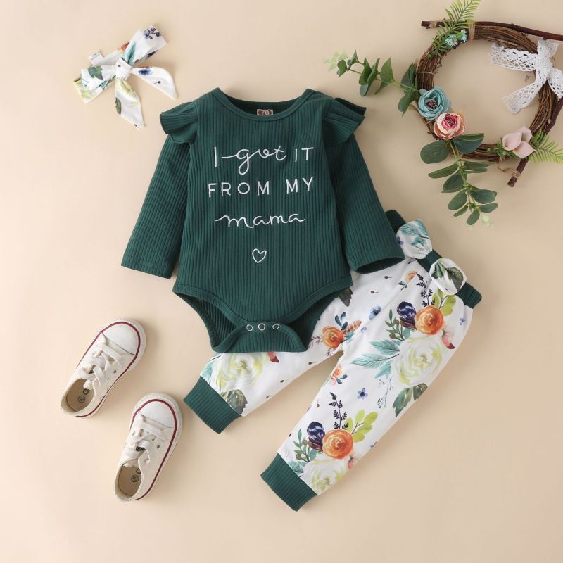 Winter Autumn Baby Girl Strip Embroidered Organic Cotton Letters Sleeve Clothes Set Three-piece Suit