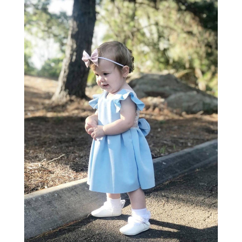 Vestido de festa infantil Conyson Wholesale com renda, sem mangas, para aniversário ou baile de formatura. Vestido de princesa rosa com decote nas costas e laço grande.